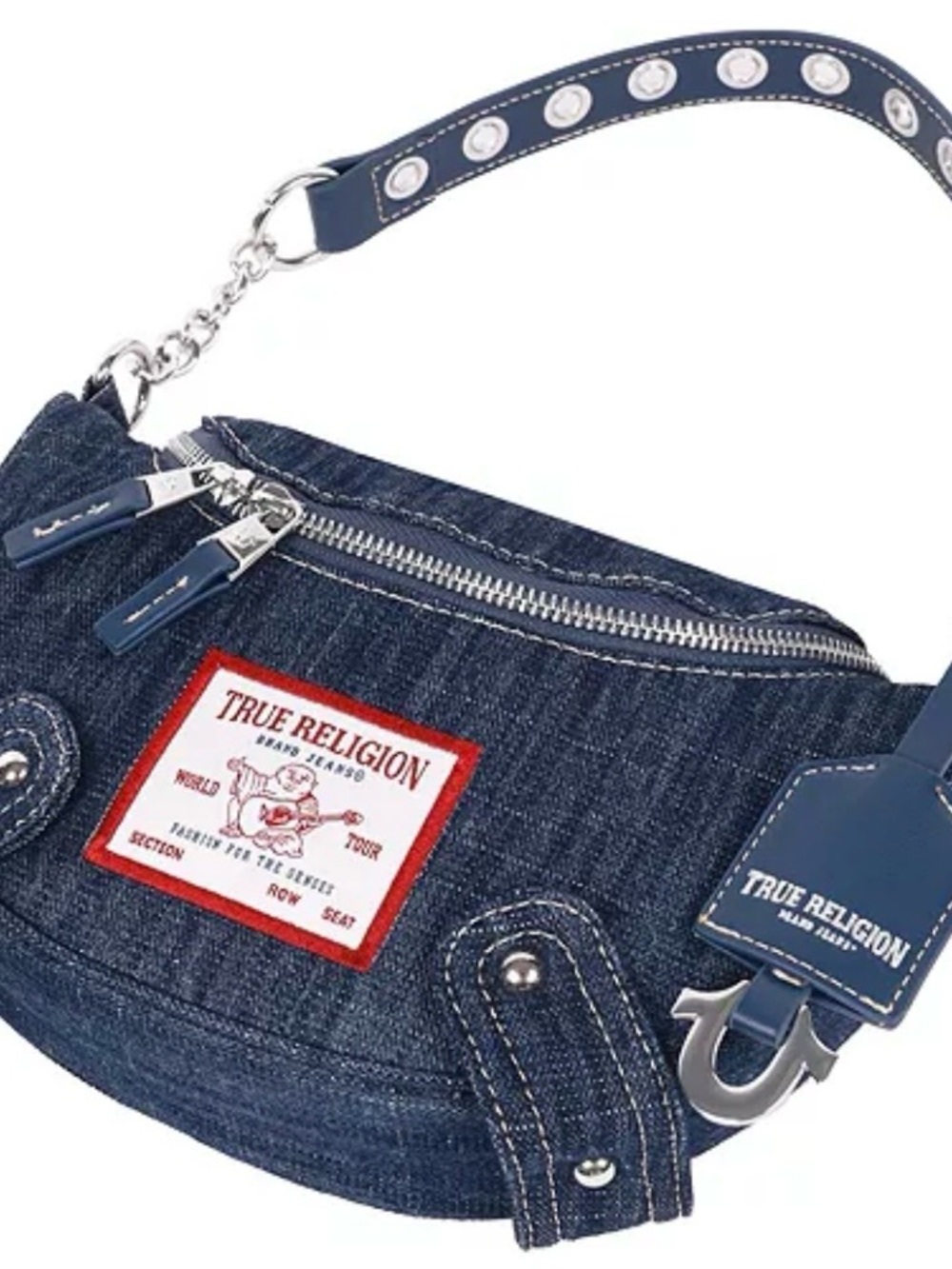 True Religion Denim Classic Logo Grommet Chain Strap Hobo Handbag